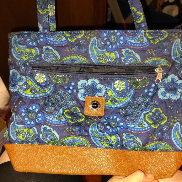 Blue Floral Patterned Tote Bag with Brown Accents - Picture 1 of 7